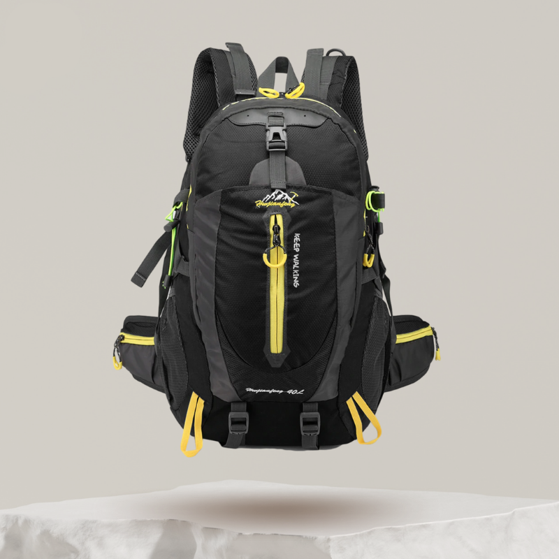 "Sac à dos imperméable 40L gris avec compartiments multiples, idéal pour randonnée et trekking en plein air."