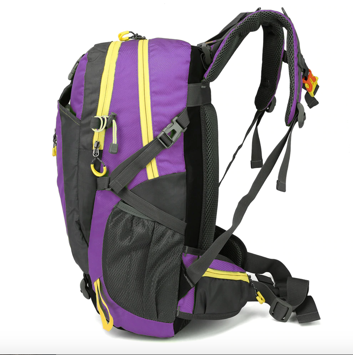 "Sac à dos imperméable 40L gris avec compartiments multiples, idéal pour randonnée et trekking en plein air."