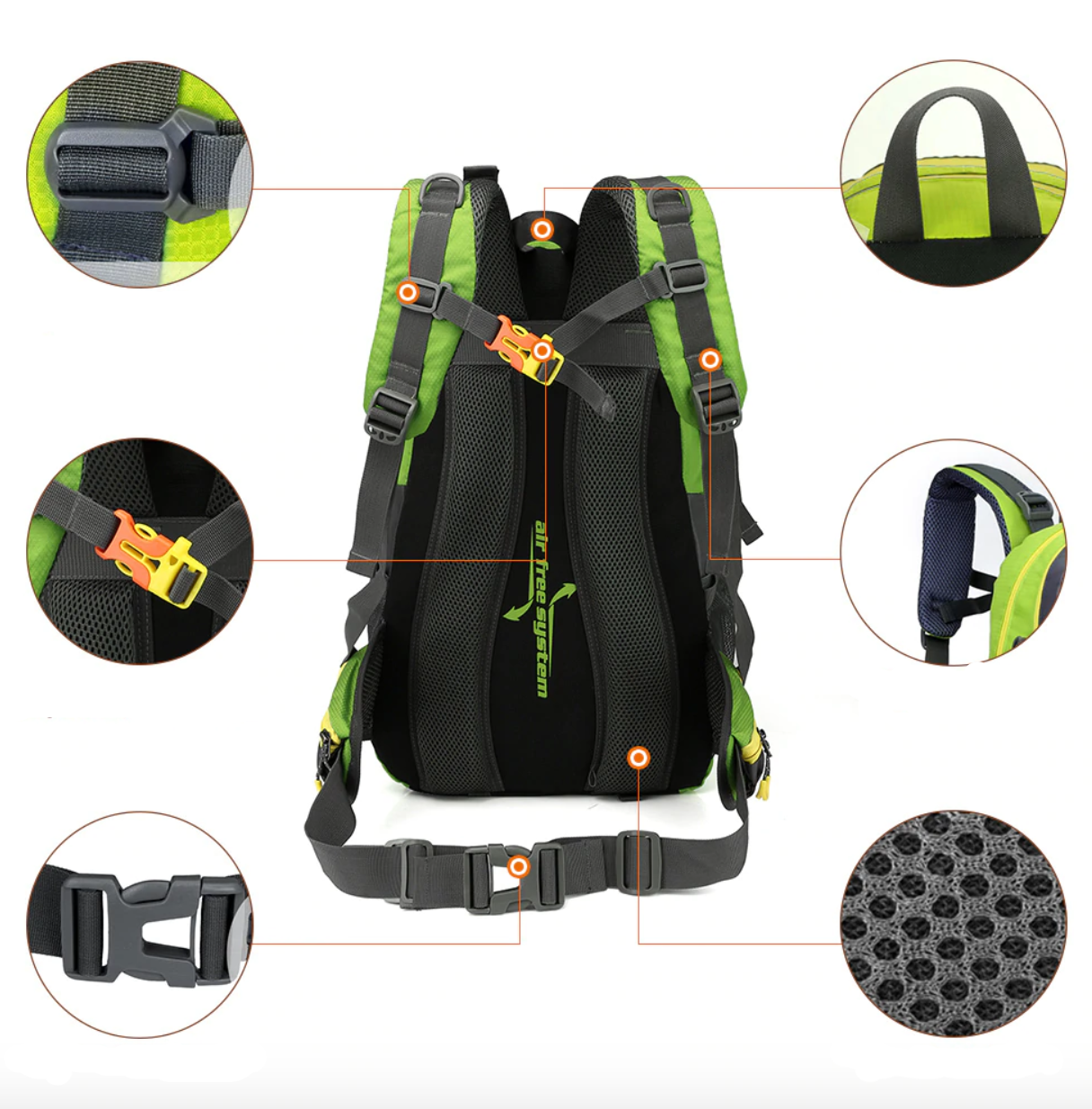 "Sac à dos imperméable 40L gris avec compartiments multiples, idéal pour randonnée et trekking en plein air."