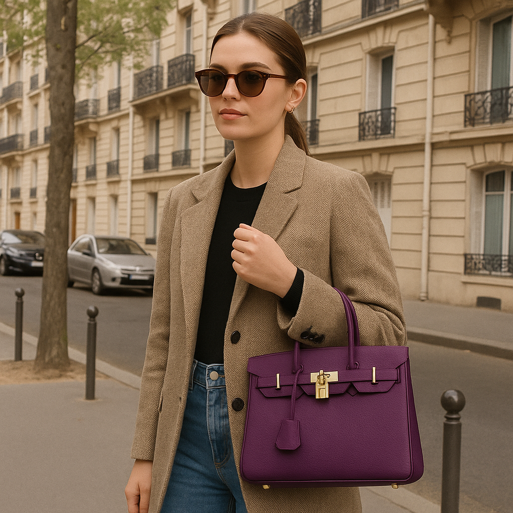 "Sac à main Élodie élégant en cuir véritable, lignes épurées, détails métalliques, intérieur spacieux, accessoire femme chic.