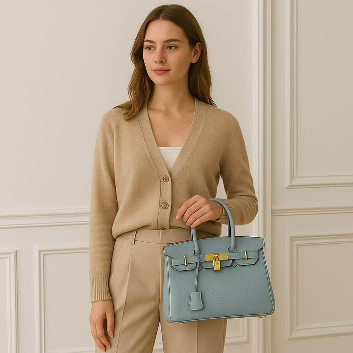 "Sac à main Élodie élégant en cuir véritable, lignes épurées, détails métalliques, intérieur spacieux, accessoire femme chic.