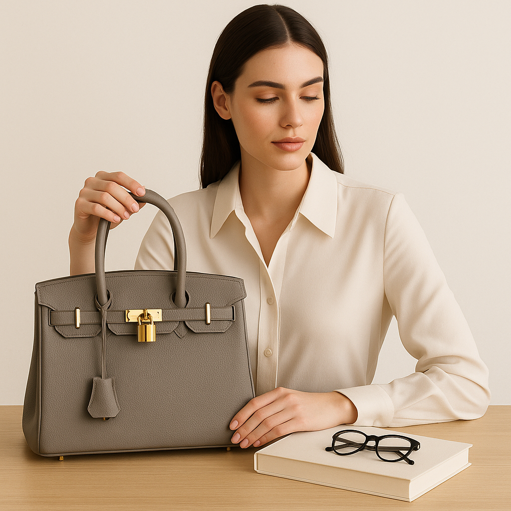 "Sac à main Élodie élégant en cuir véritable, lignes épurées, détails métalliques, intérieur spacieux, accessoire femme chic.