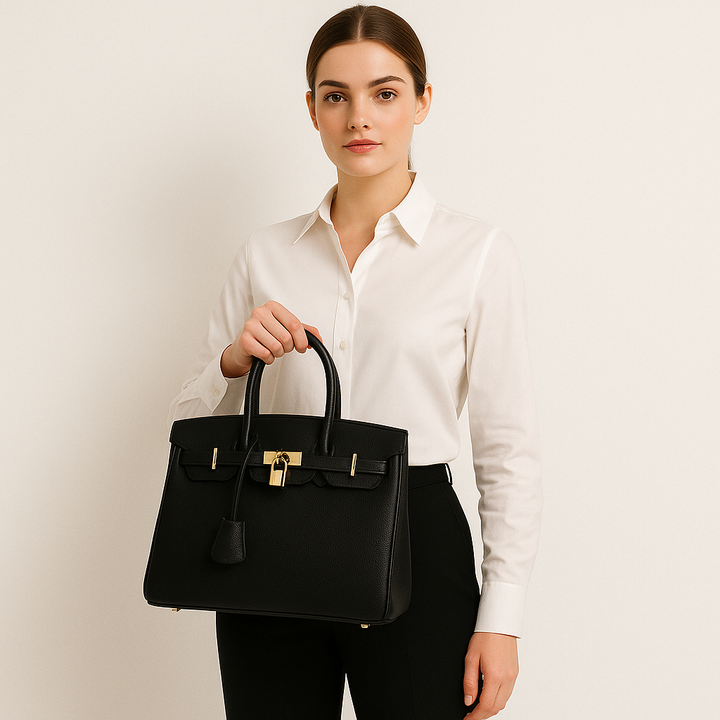 "Sac à main Élodie élégant en cuir véritable, lignes épurées, détails métalliques, intérieur spacieux, accessoire femme chic.