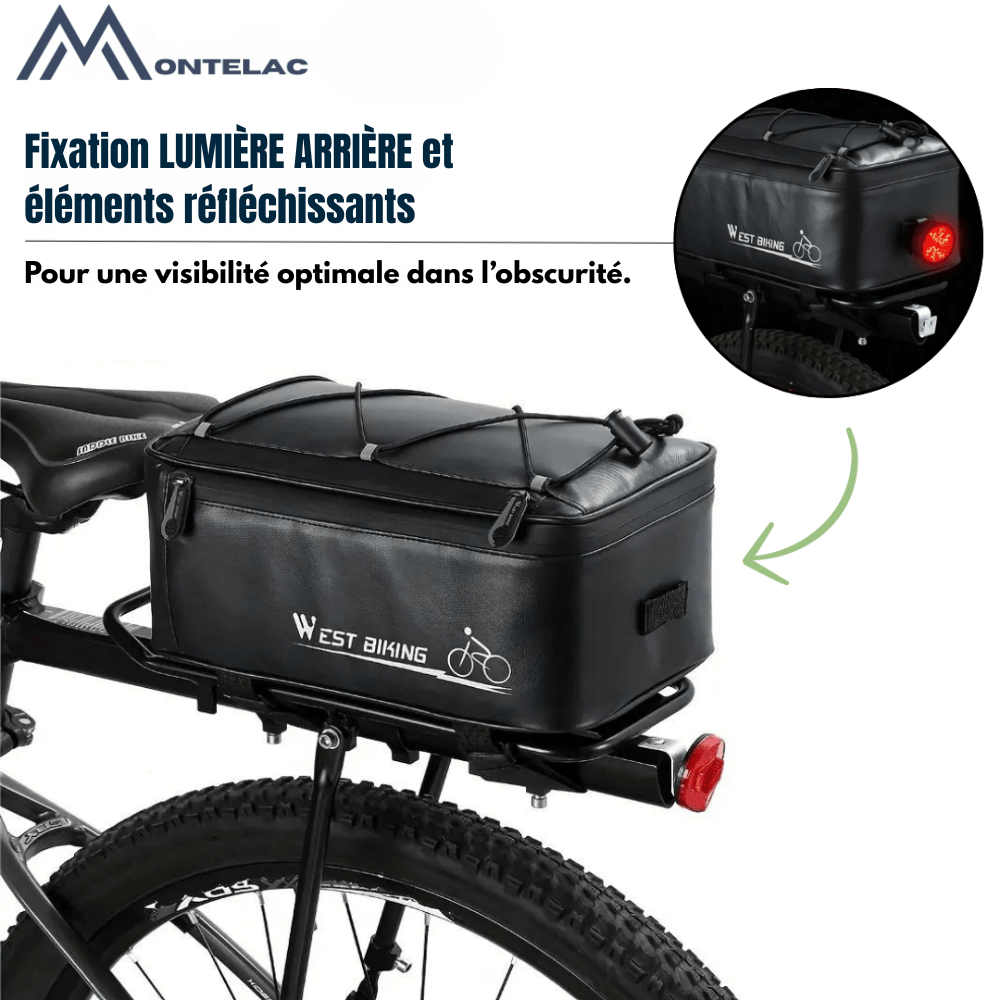 "Sacoche de vélo imperméable, grande capacité, avec poches multiples et éléments réfléchissants pour plus de sécurité."