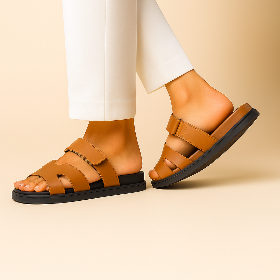 "Sandales décontractées en cuir véritable, silhouette épurée, brides ajustables, couleur marron foncé pour confort estival."
