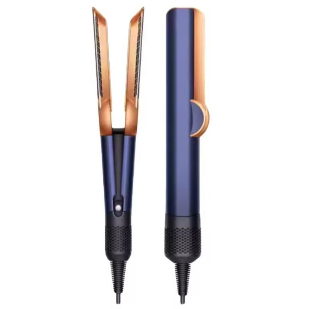 "Sèche-cheveux et lisseur 2-en-1 bleu/gris doré, design élégant, réglages chaleur personnalisables, léger pour voyages"
