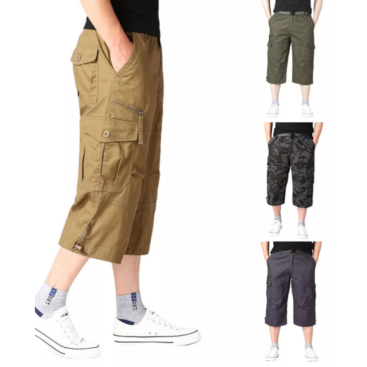 "Short cargo homme léger avec nombreuses poches, coupe longue, coton doux. Idéal pour l'été et les activités en plein air."