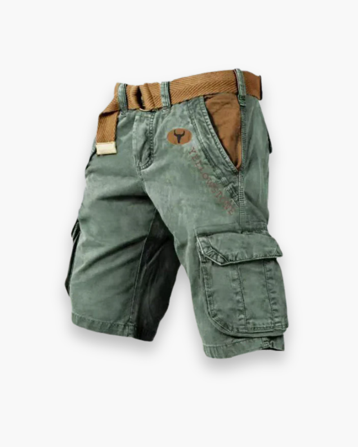 Short cargo homme résistant, polyvalent, confortable avec poches multiples, tissu robuste, vue de face sur fond neutre.