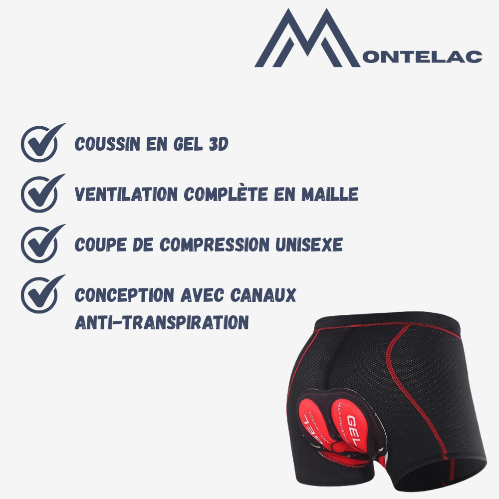 "Sous-short vélo rembourré gel respirant, noir, design ergonomique, pour confort et performance cyclisme."