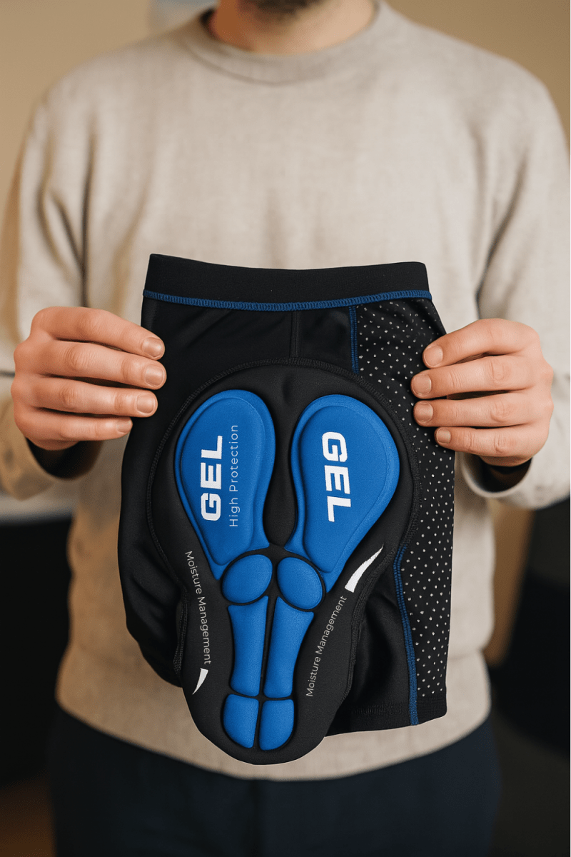 "Sous-short vélo rembourré gel respirant, noir, design ergonomique, pour confort et performance cyclisme."