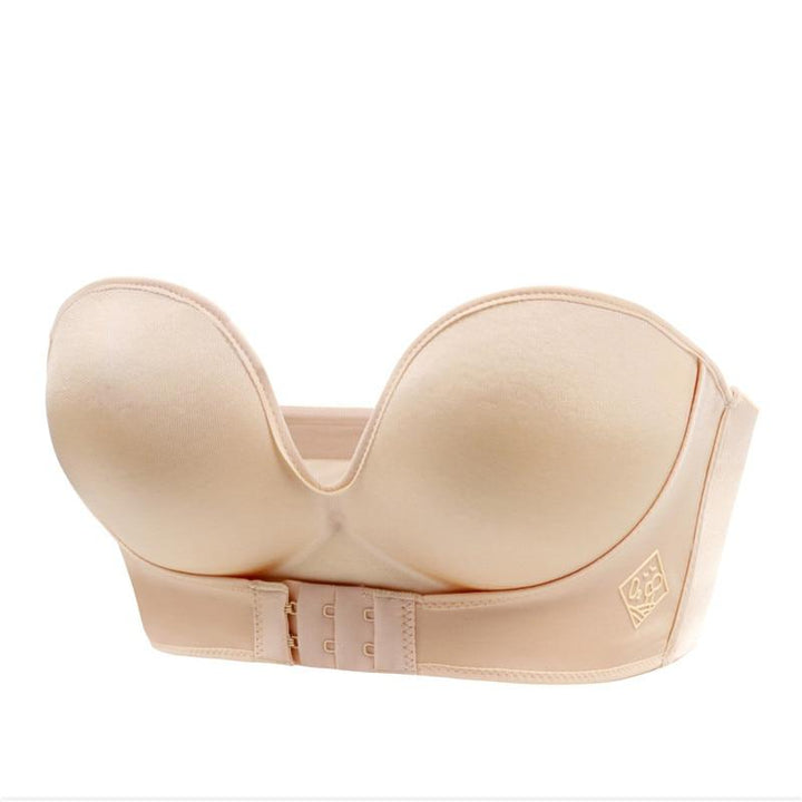 Soutien-gorge sans bretelles, push-up effet, confort optimal, matériau antidérapant, couleur nude, lingerie élégante.