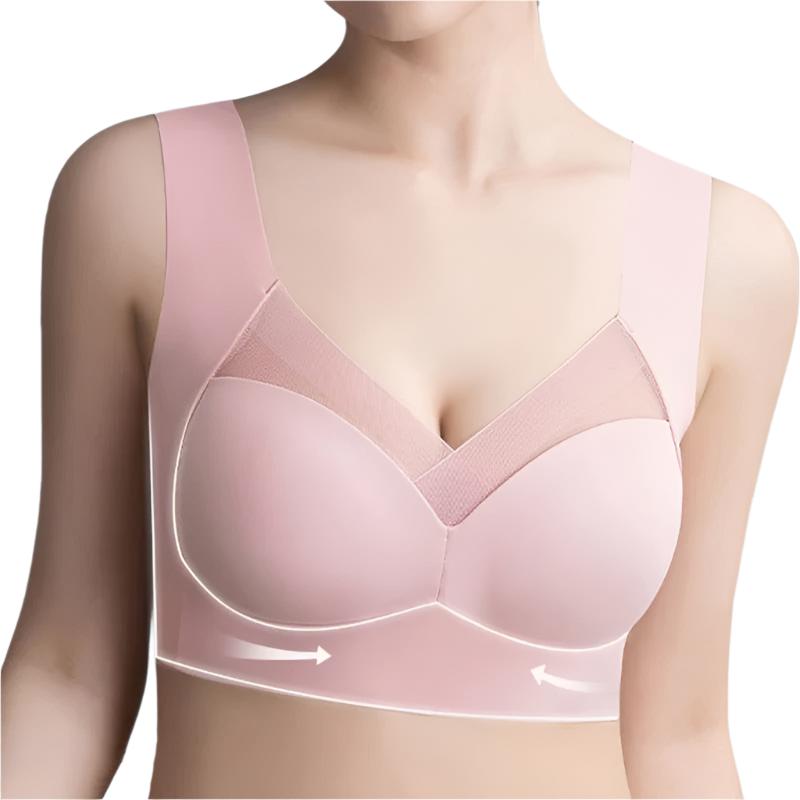 Soutien-gorge sans couture, beige, confortable, épousant la silhouette, idéal sous vêtements moulants, matière douce.