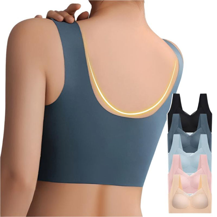 Soutien-gorge sans couture, beige, confortable, épousant la silhouette, idéal sous vêtements moulants, matière douce.