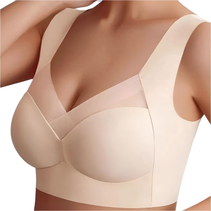 Soutien-gorge sans couture, beige, confortable, épousant la silhouette, idéal sous vêtements moulants, matière douce.