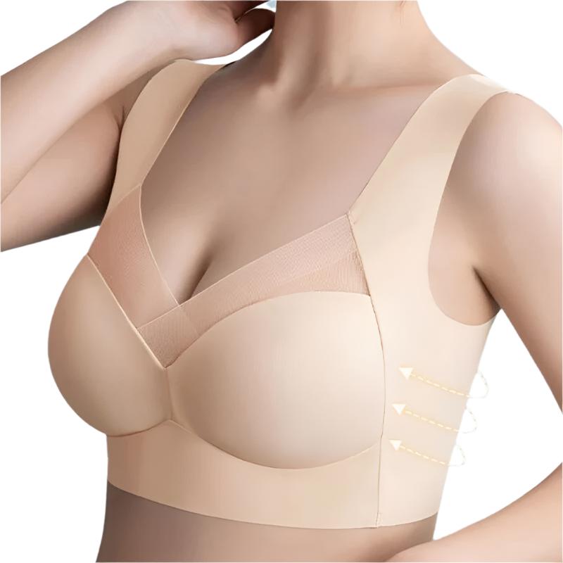 Soutien-gorge sans couture, beige, confortable, épousant la silhouette, idéal sous vêtements moulants, matière douce.