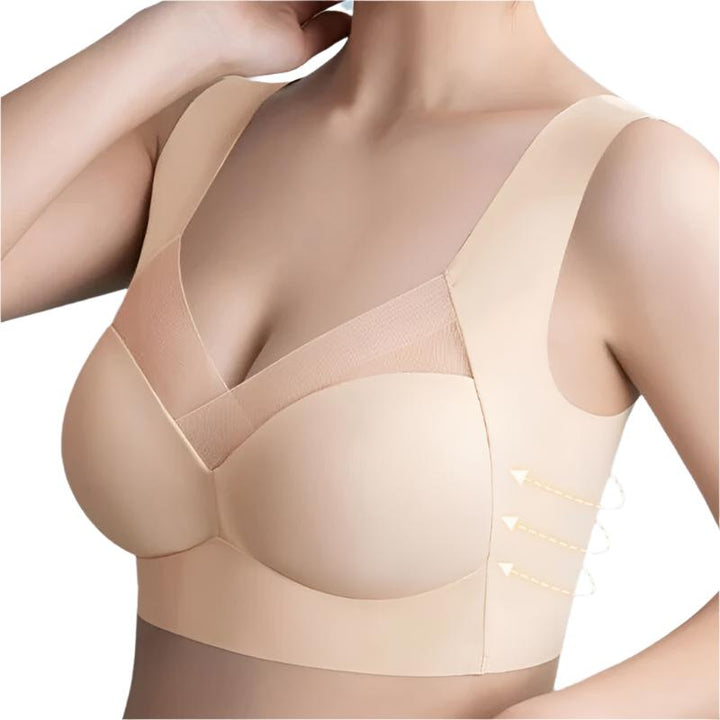 Soutien-gorge sans couture, beige, confortable, épousant la silhouette, idéal sous vêtements moulants, matière douce.