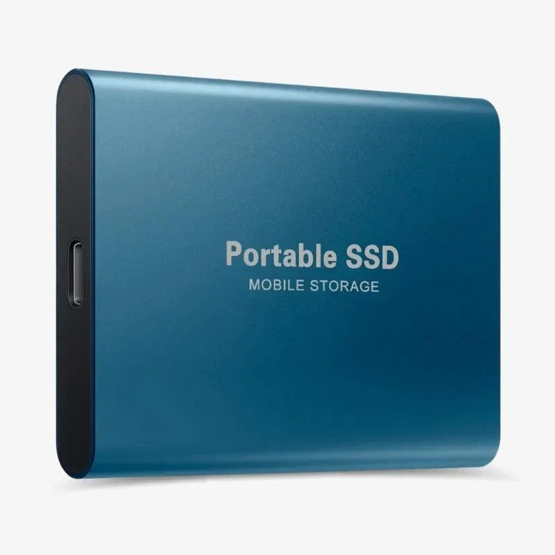 "SSD externe compact et rapide en aluminium, interface USB 3.1, vue de dessus, idéal pour stockage portable"