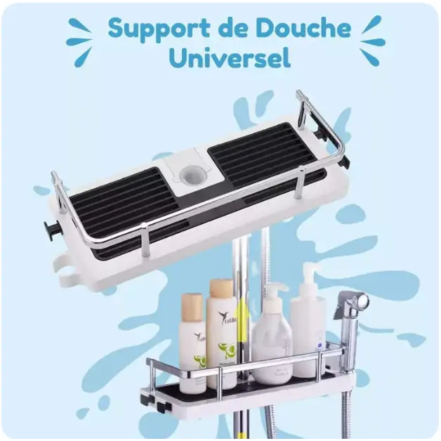 Support de douche universel AquaPod moderne en blanc et noir, design élégant pour salle de bain, organisation optimale.