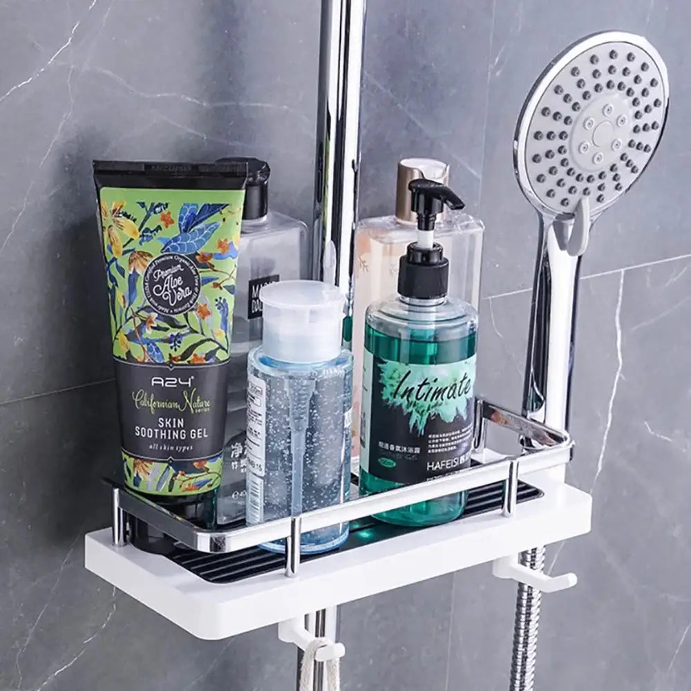 Support de douche universel AquaPod moderne en blanc et noir, design élégant pour salle de bain, organisation optimale.