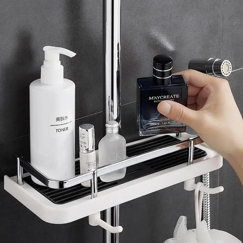 Support de douche universel AquaPod moderne en blanc et noir, design élégant pour salle de bain, organisation optimale.