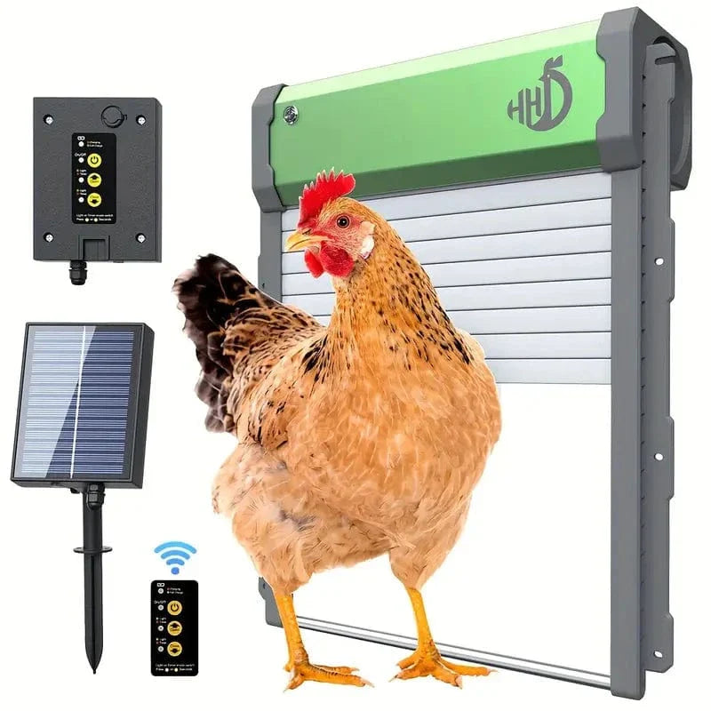 "Système solaire automatisé pour porte de poulailler, robuste et imperméable, en aluminium et ABS, couleur gris vert."
