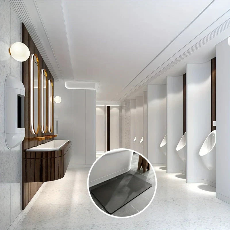 "Tapis de bain antidérapant en diatomite gris, séchage rapide, design moderne et écologique pour salle de bain."