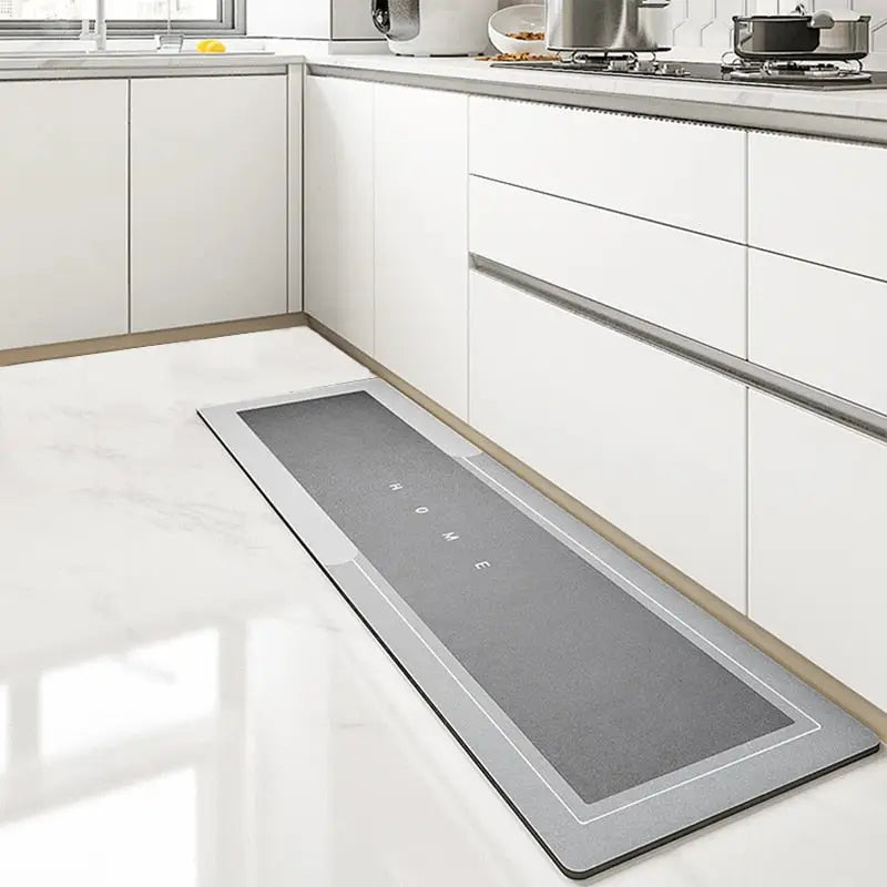 "Tapis de cuisine antidérapant imperméable en polymère, moelleux et élégant, gris, protège des éclaboussures et taches."