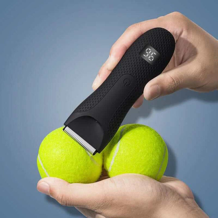 "Tondeuse corps homme étanche avec design ergonomique et indicateur LED, idéale pour un rasage précis et confortable."