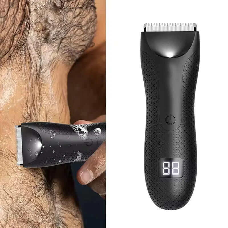 "Tondeuse corps homme étanche avec design ergonomique et indicateur LED, idéale pour un rasage précis et confortable."
