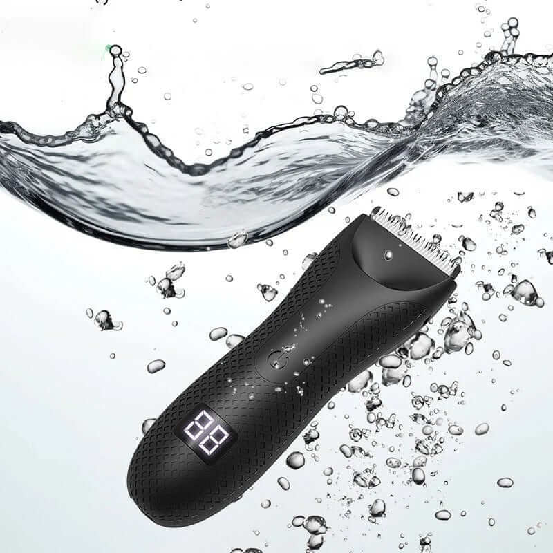 "Tondeuse corps homme étanche avec design ergonomique et indicateur LED, idéale pour un rasage précis et confortable."