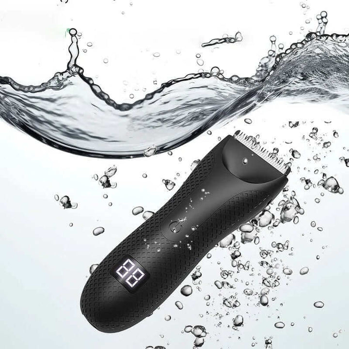 "Tondeuse corps homme étanche avec design ergonomique et indicateur LED, idéale pour un rasage précis et confortable."