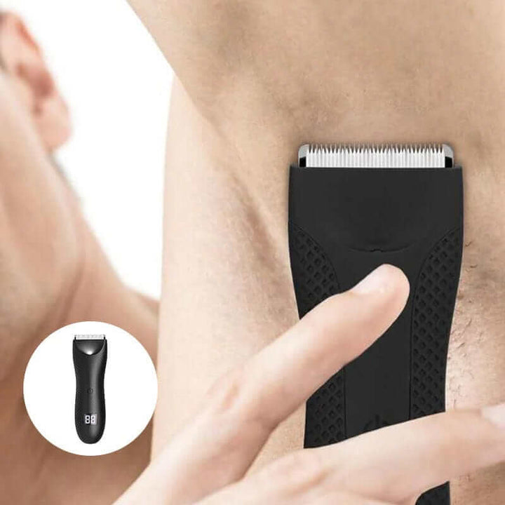 "Tondeuse corps homme étanche avec design ergonomique et indicateur LED, idéale pour un rasage précis et confortable."