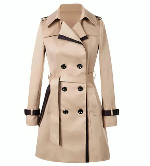 Trench-coat femme moderne, détails raffinés sur col et poignets, coupe ajustée, tissu léger pour un style élégant.