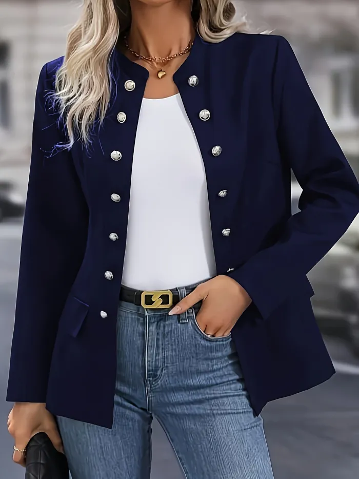 "Veste ajustée élégante bleu foncé pour femme, style professionnel et confort pour le bureau"