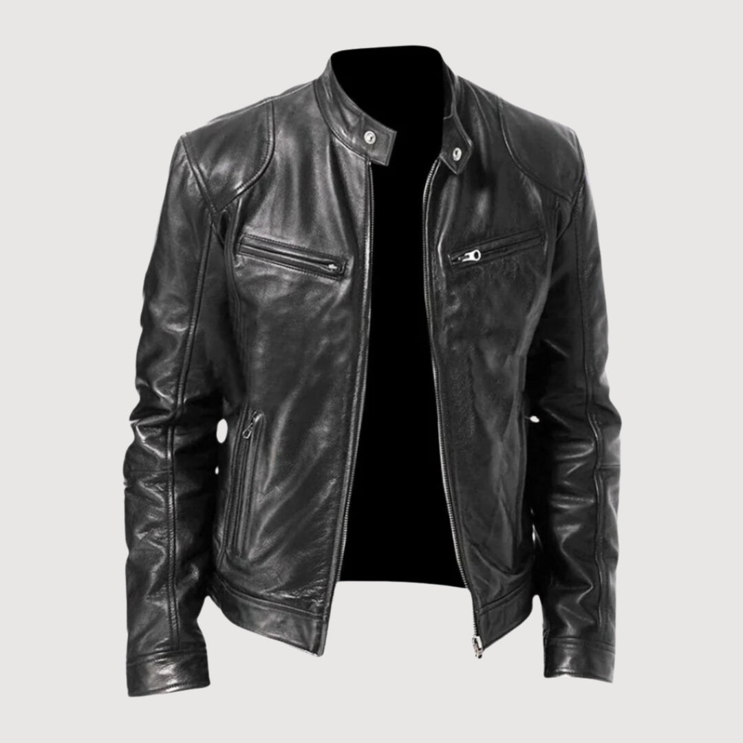 "Veste de moto homme effet cuir, look moderne et structuré, allure haut de gamme, confort et détails pratiques visibles."