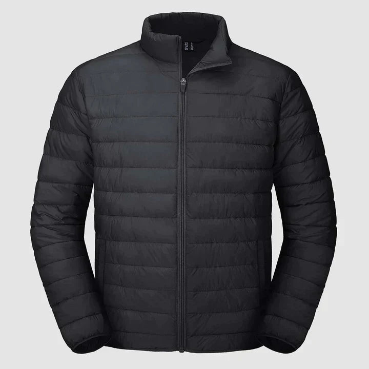 Veste d'hiver matelassée pour homme en noir, coupe moderne, col montant, isolation thermique pour un confort optimal.