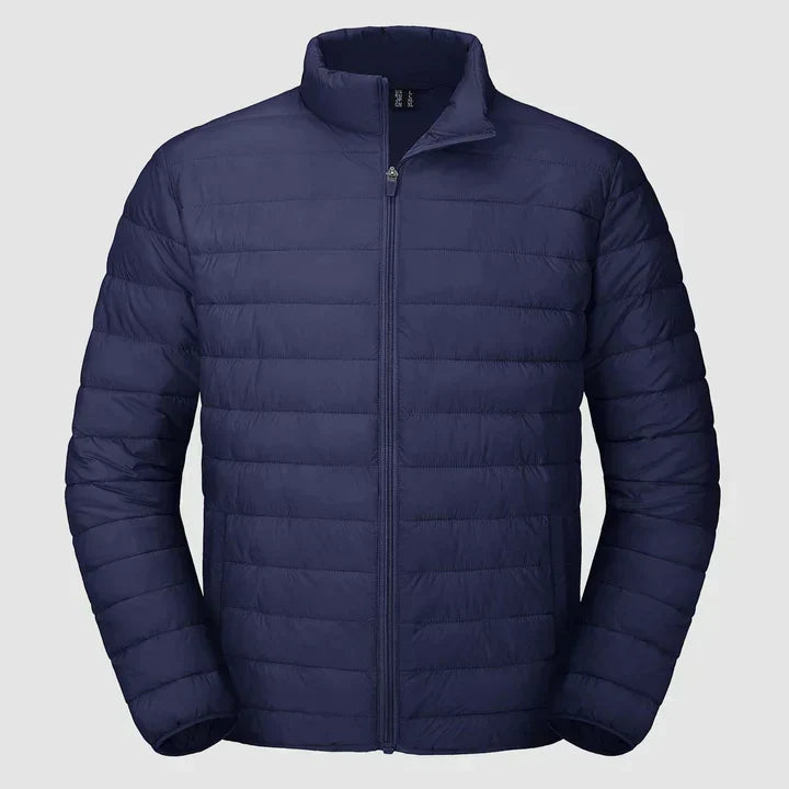 Veste d'hiver matelassée pour homme en noir, coupe moderne, col montant, isolation thermique pour un confort optimal.