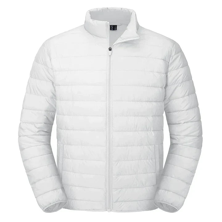 Veste d'hiver matelassée pour homme en noir, coupe moderne, col montant, isolation thermique pour un confort optimal.