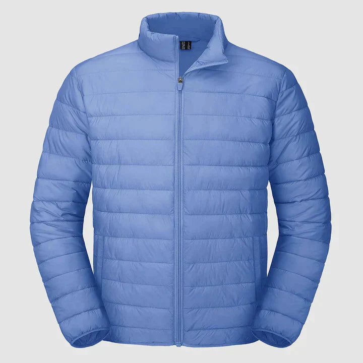 Veste d'hiver matelassée pour homme en noir, coupe moderne, col montant, isolation thermique pour un confort optimal.