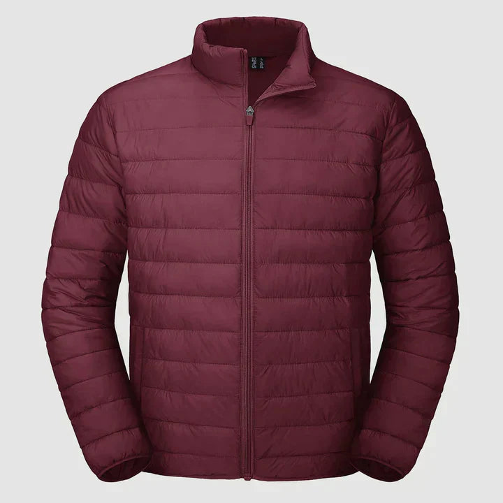 Veste d'hiver matelassée pour homme en noir, coupe moderne, col montant, isolation thermique pour un confort optimal.
