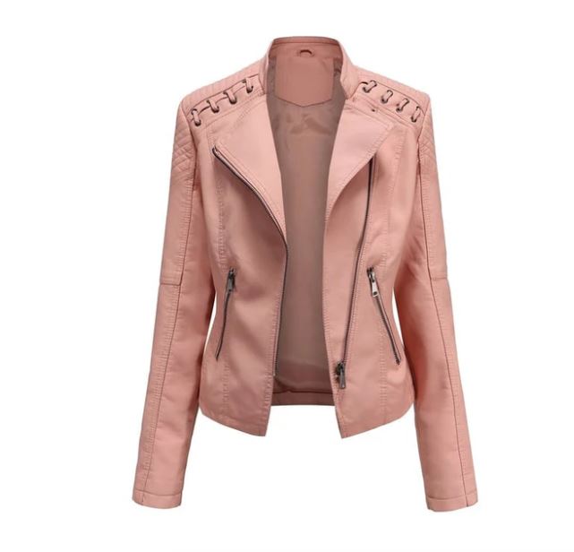 "Veste en cuir d'agneau pour femmes, élégante, vintage, zip nickel brillant, surpiqûres raffinées, chic et confortable."