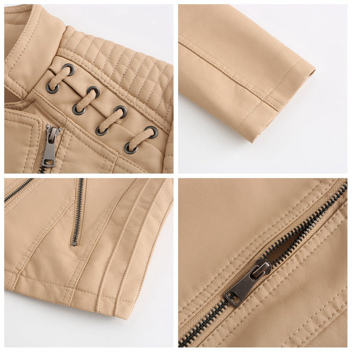 "Veste en cuir d'agneau pour femmes, élégante, vintage, zip nickel brillant, surpiqûres raffinées, chic et confortable."