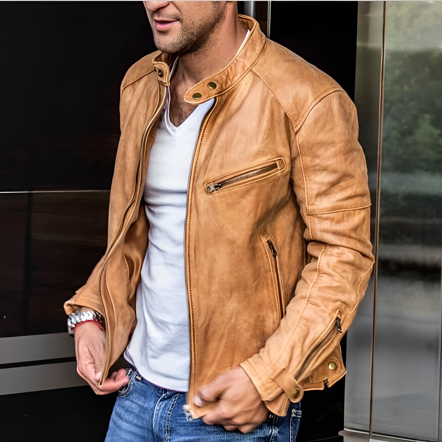 "Veste en cuir élégante Dalton marron, coupe ajustée, doublure chaude, idéale pour style et confort en toutes saisons."