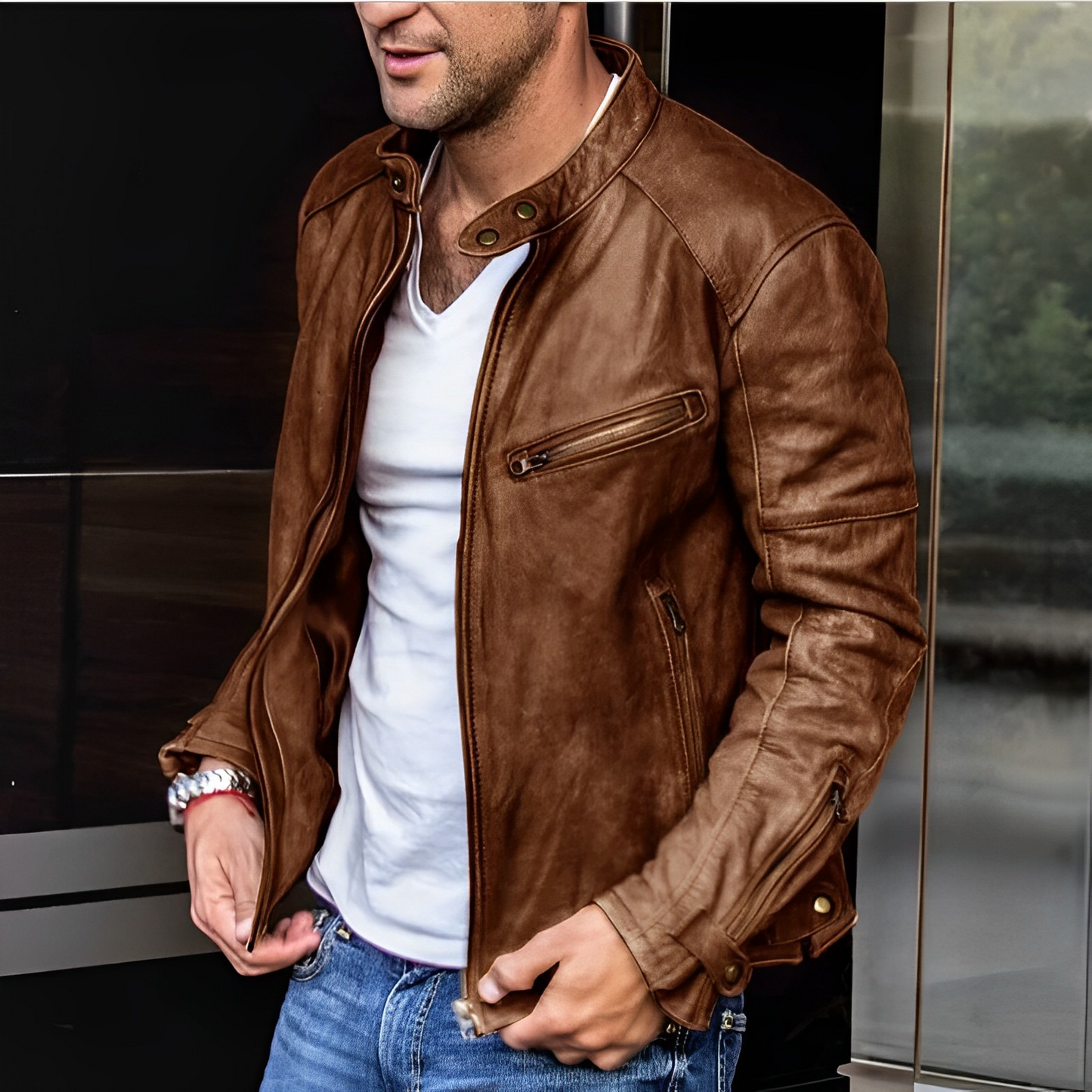 "Veste en cuir élégante Dalton marron, coupe ajustée, doublure chaude, idéale pour style et confort en toutes saisons."