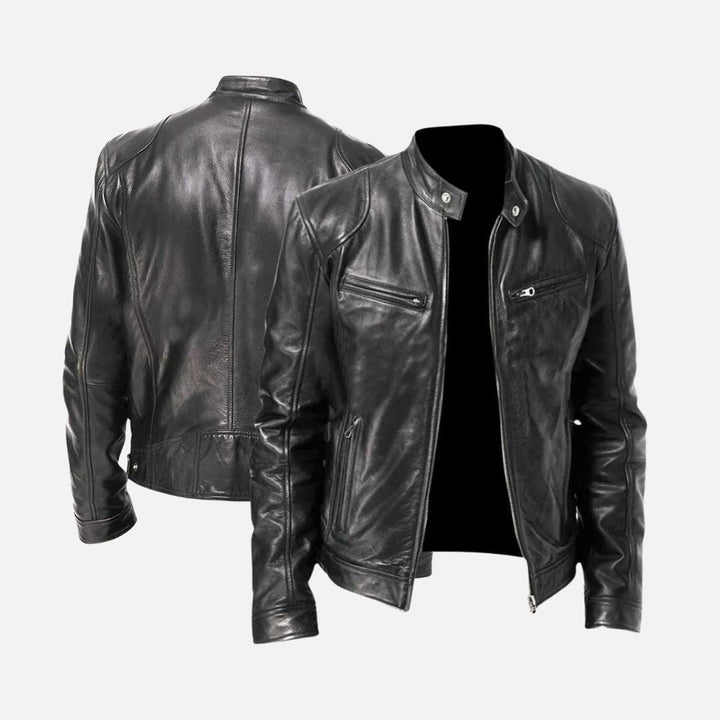 "Veste en cuir élégante pour homme, coupe ajustée, coloris noir profond, idéale pour un look raffiné et durable."