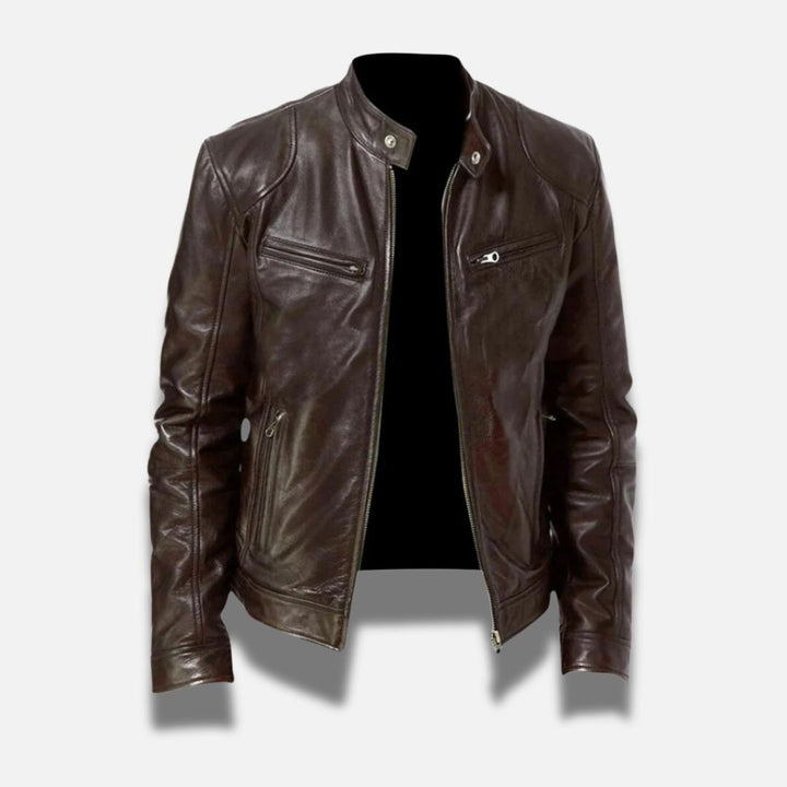 "Veste en cuir élégante pour homme, coupe ajustée, coloris noir profond, idéale pour un look raffiné et durable."