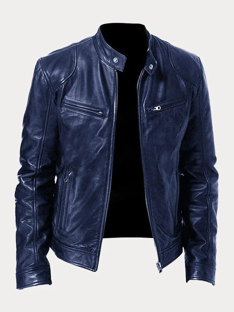 "Veste en cuir moto homme, ajustée avec poches zippées, design moderne, cuir premium noir, look élégant et pratique."