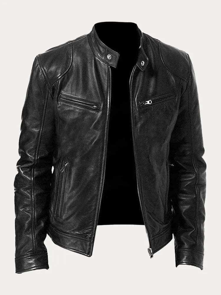 "Veste en cuir moto homme, ajustée avec poches zippées, design moderne, cuir premium noir, look élégant et pratique."