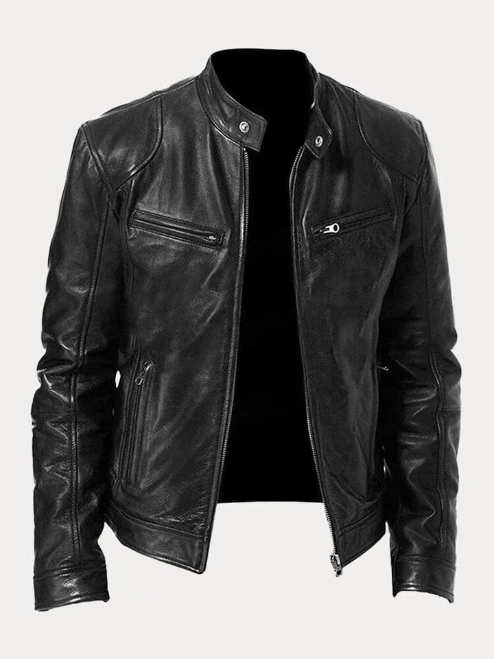"Veste en cuir moto homme, ajustée avec poches zippées, design moderne, cuir premium noir, look élégant et pratique."