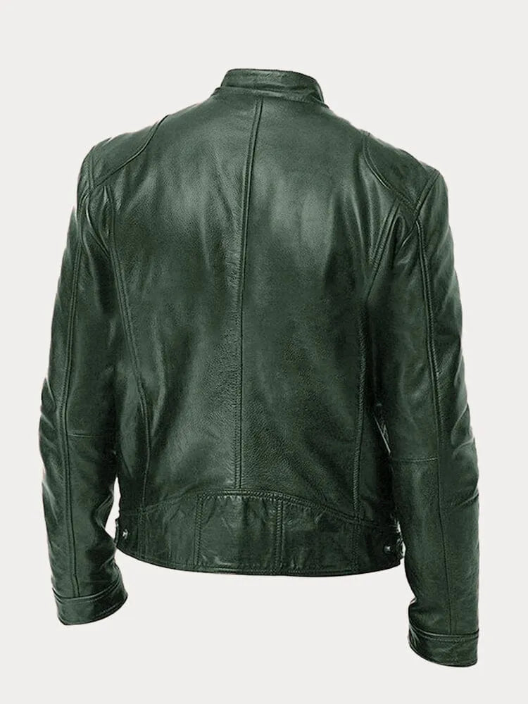 "Veste en cuir moto homme, ajustée avec poches zippées, design moderne, cuir premium noir, look élégant et pratique."